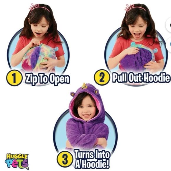 Huggle Pets Rainbow Unicorn Animal Hoodie Plush Girls Pullover Purple OSFM Kids - Picture 6 of 15